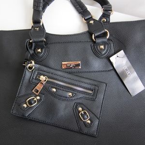 Tote & Coin Purse Set Black Faux Leather Shoulder